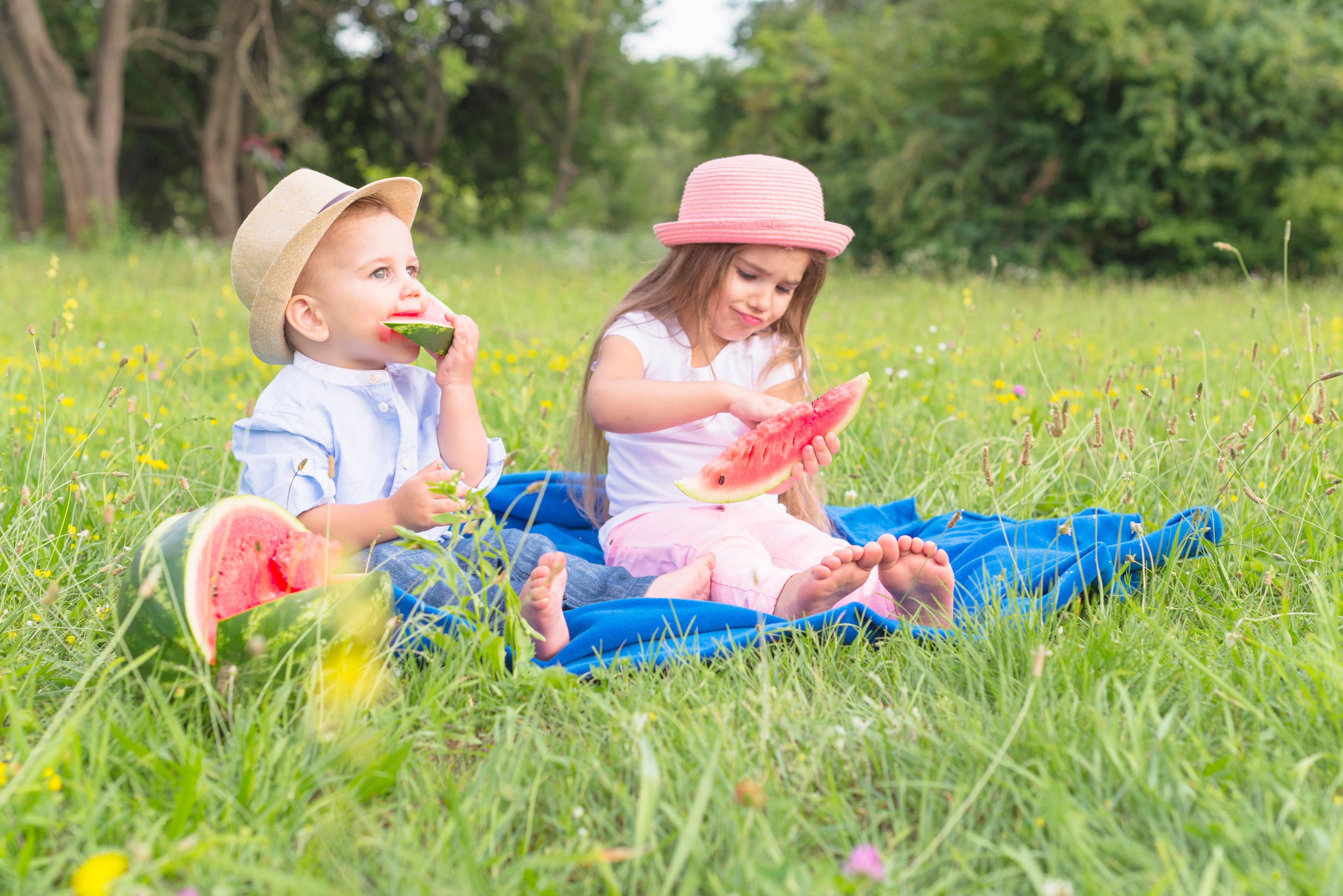 brother-sister-sitting-blue-blanket-green-grass-eating-watermelon.jpg